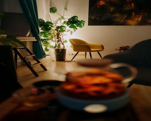 Cozy living room setup for evening relaxation with warm lighting